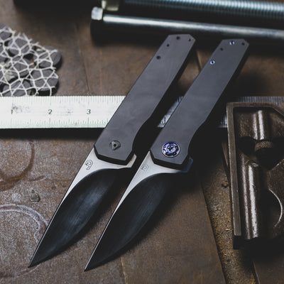 JD Knives Iridium - Blackened Titanium w/ Purple Anodized Hardware & 1095 Polished Blade