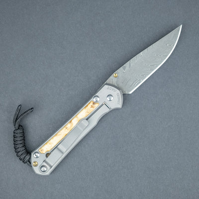 Chris Reeve Knives Small Sebenza 31 - Boomerang Damascus Drop Point Blade w/ Box Elder Inlay