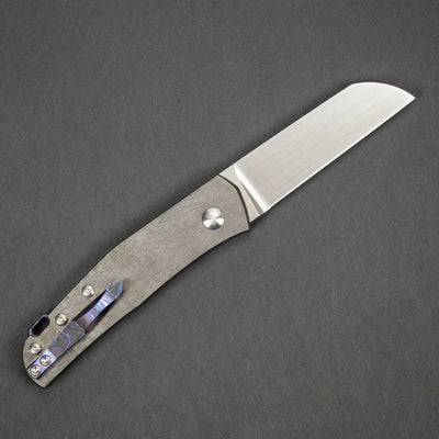 Knife - Anso Monte Carlo - Hand-Rubbed Satin, Distressed Zirconium Handle, Black Timascus Clip & Backspacer (Custom)
