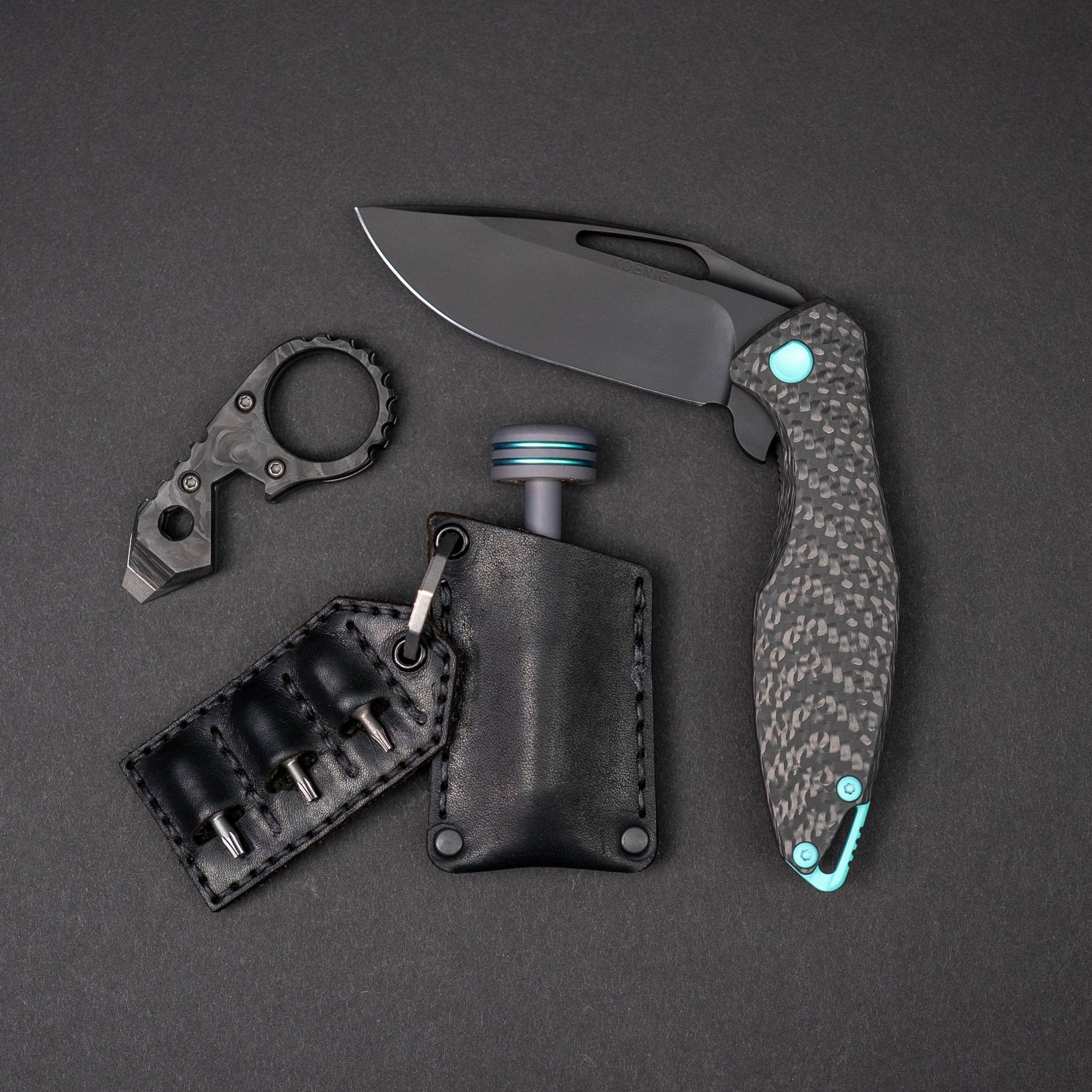 El Rey Blue Kingman Turquoise Obsidian Bronze Knife w Black DLC